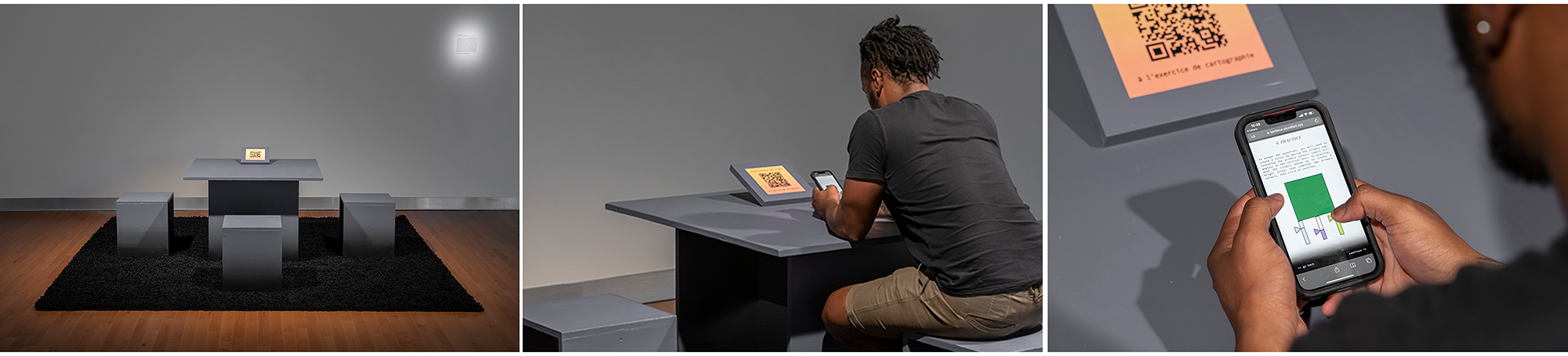 Three screenshots of the installation; one with an overview of the table, one with a man sitting at the table filling out the survey on his phone, one with a close-up of the man's phone showing the survey.
